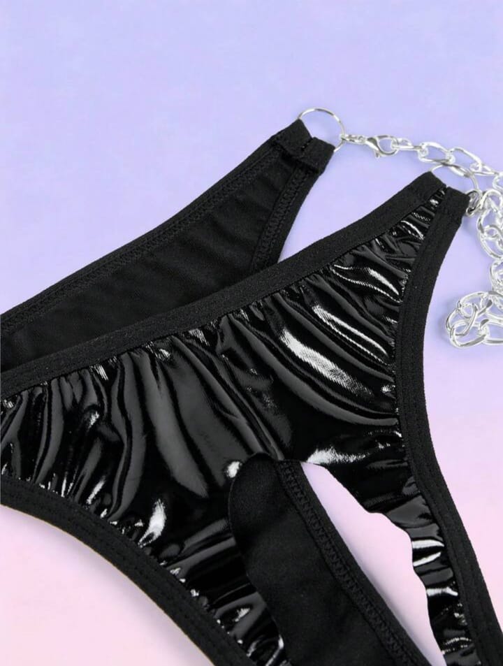 Men's Chain Decor Hollow Black Sexy Thong Underwear